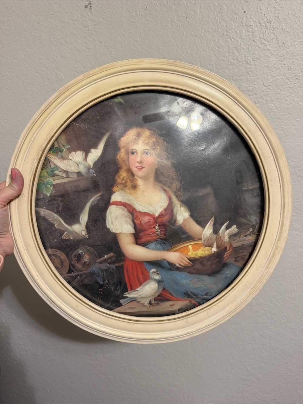 Vintage Victorian Art framed in round wood frame with bubble glass Renaissance